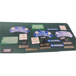 Collection of cast iron signs, including The Flying Scotsman, Quite please, Welcome etc 