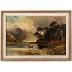 Clarence Henry Roe (British 1850-1909): Stag by a Highland Loch, oil on canvas signed 29cm x 44cm
