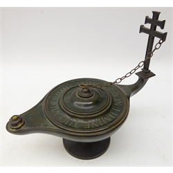  TOC H 'Lamp of Maintenance' bronze oil lamp with inscription, L24cm x H19.5cm  
