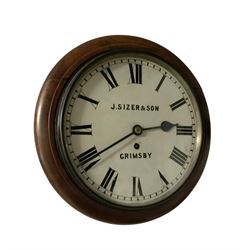 J Sizer & Son of Grimsby-mahogany cased wall clock with a single train fusee movement c1900, twelve inch painted dial with Roman numerals and minute track, four pillar movement with a chain driven fusee.
With pendulum and key.