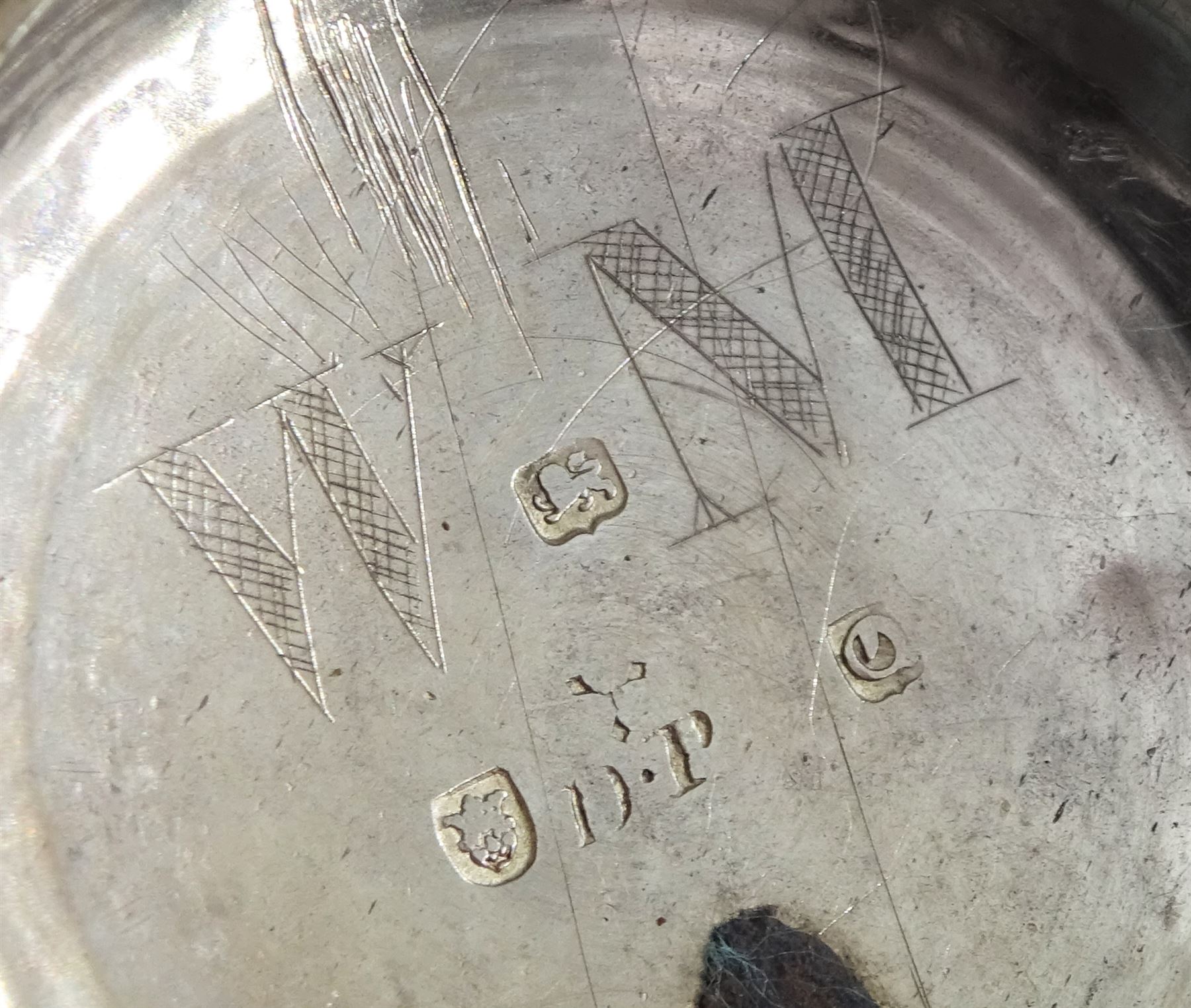 George III silver pair cased verge fusee pocket watch by David Crawford, Newcastle, No. 671, square baluster pillars, pierced and engraved balance cock, enamel polychrome dial depicting a figure fishing by a bridge, Roman hours and Arabic outer minute ring, beetle and poker hands, bull's eye glass, case markers mark D.P, London 1771