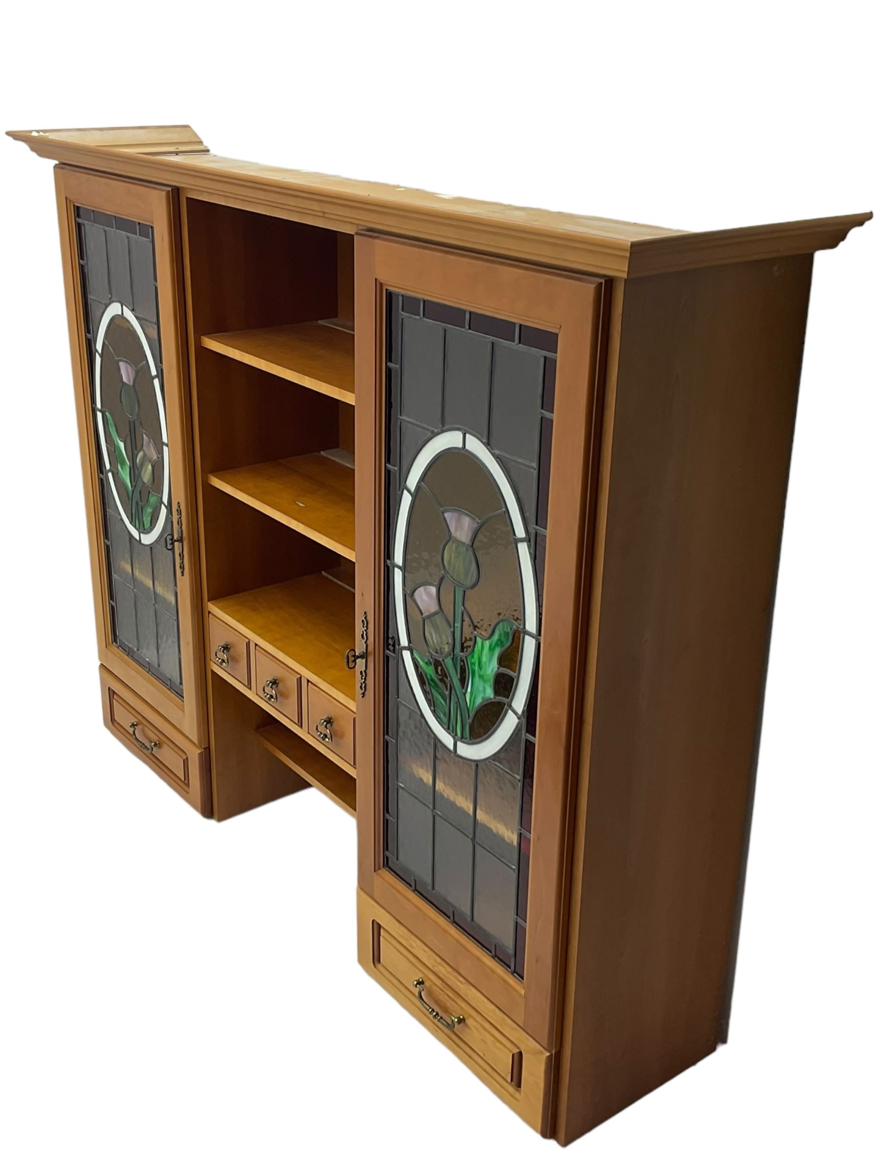 Art Nouveau design cherry wood kitchen wall unit, two leaded glazed doors with stained tulip decoration