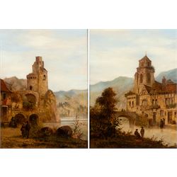 Felice Auguste Rezia (Italian 1835-1907): Stone Tower on a Lake and Church Overlooking a River - Northern Italy, pair of oils on canvas signed and dated 1902 max 40cm x 29.5cm (2)