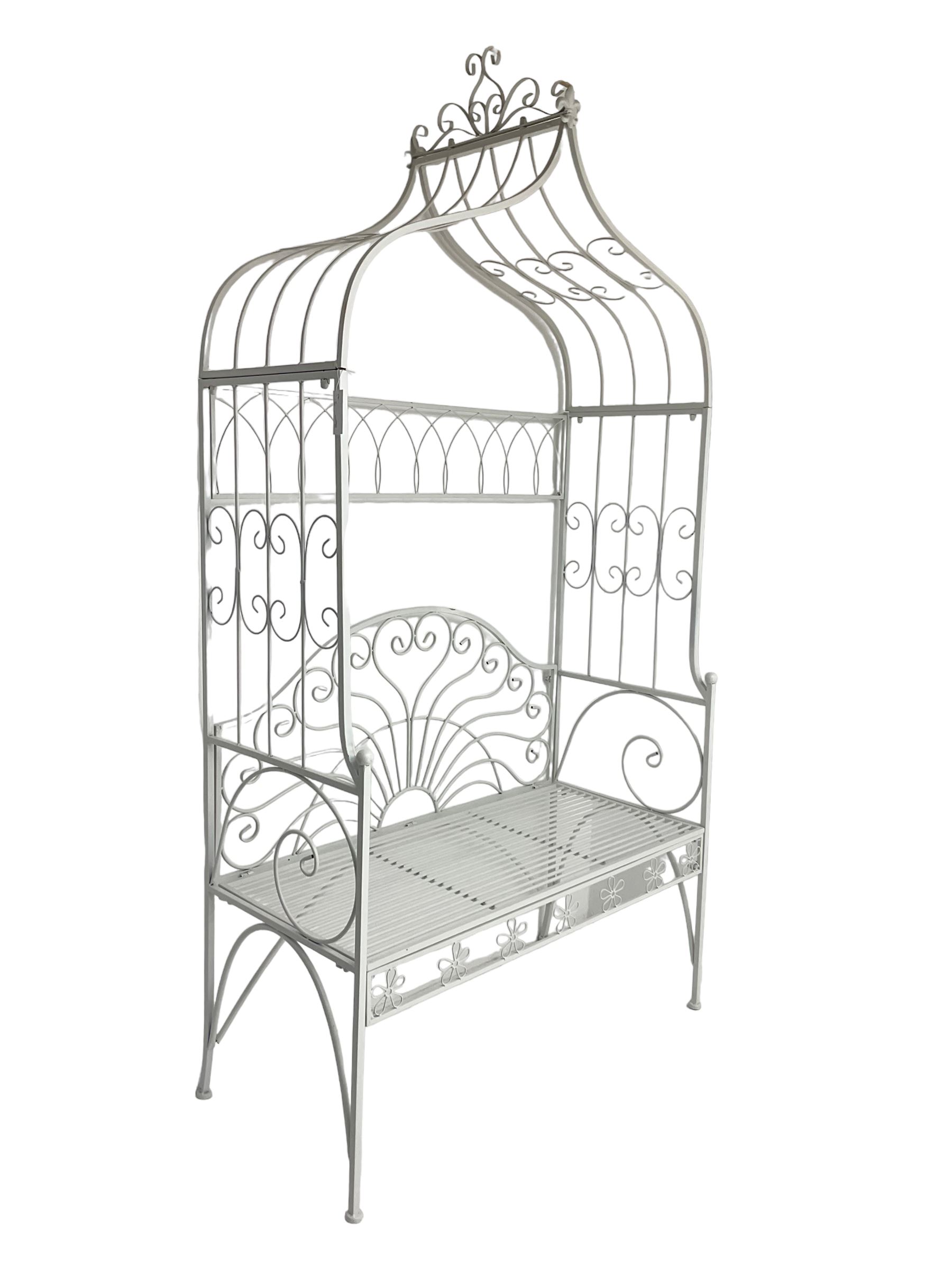 White finish wrought metal garden arbour bench, arched trellis top with scrolling design, lunette style back 