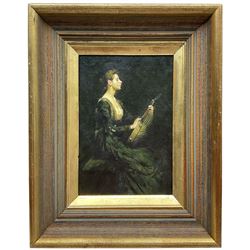 Paul Musin (Belgian 20th Century): Fashionable Lady in Green Playing Neapolitan Mandolin, oil on board signed 26cm x 18cm