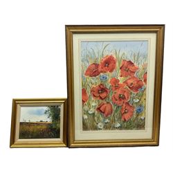 Pamela Hughes (British 20th century): 'The Last of the Poppies', oil on canvas unsigned, labelled verso together with English School (20th century): Poppies, watercolour indistinctly signed and dated '90 max 50cm x 36cm (2)