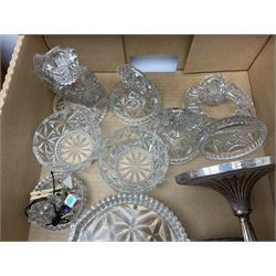 Art Deco style moulded clear glass dressing table set comprising tray, pair of candlesticks, lidded jars and dishes, together with a pair of silver-plate candlesticks, H27cm, and leather bag