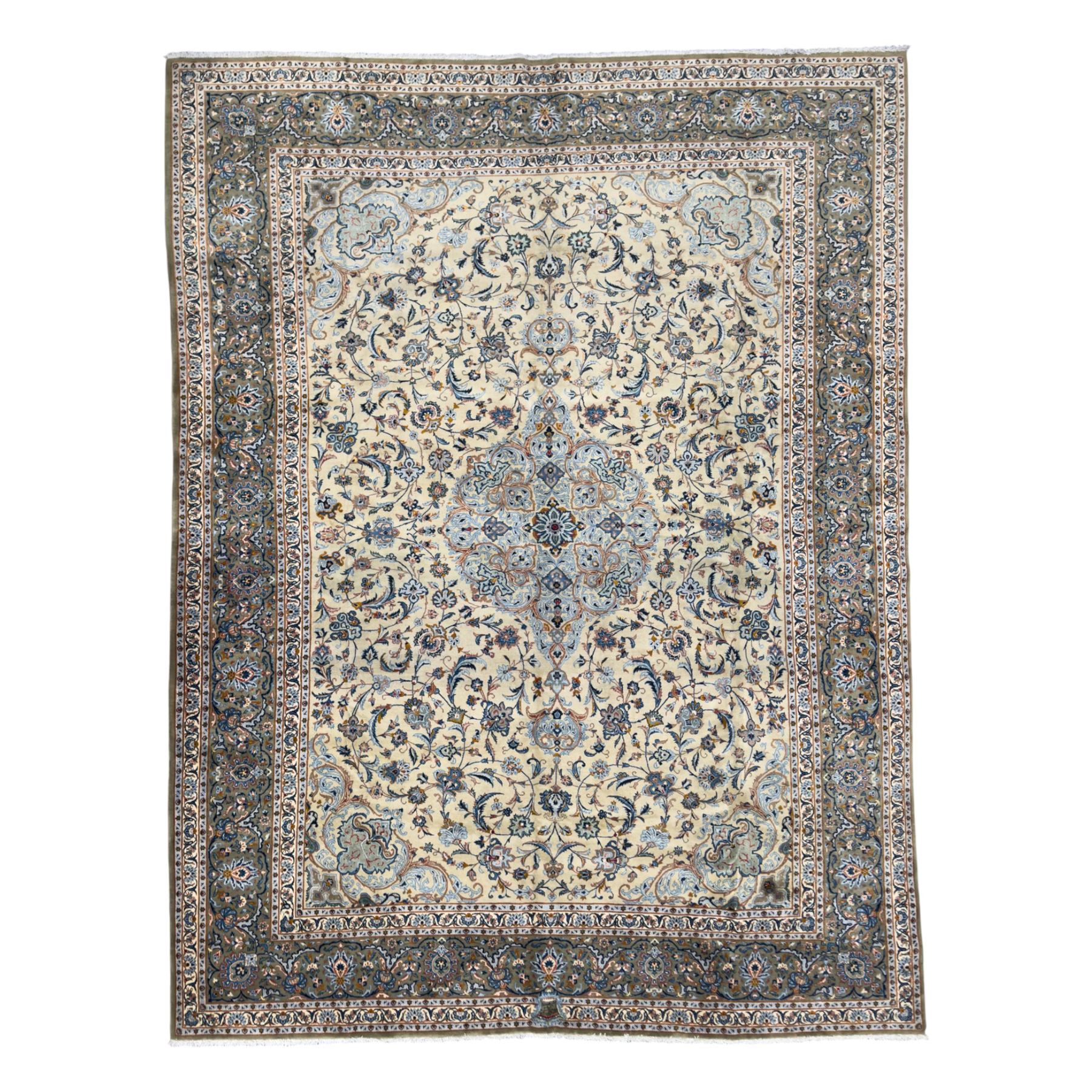 Central Persian Kashan hand-knotted carpet, ivory field with scrolling vines, palmettes, and rosettes around a cusped medallion with pendants and spandrels within a blue ground border of palmettes and flowerheads, 388cm x 300cm