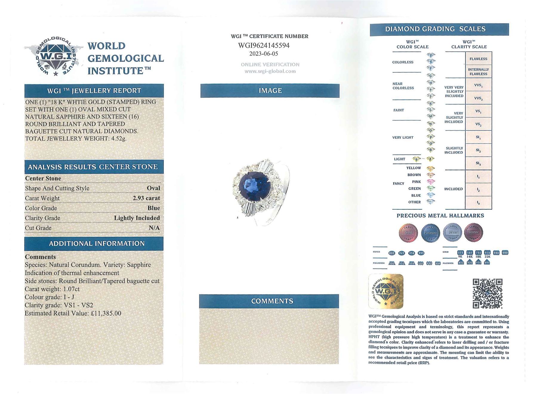 18ct white old oval sapphire, round brilliant cut and baguette cut diamond cluster ring, stamped 750, sapphire 2.93 carat, total diamond weight 1.07 carat, with World Gemological Institute Report