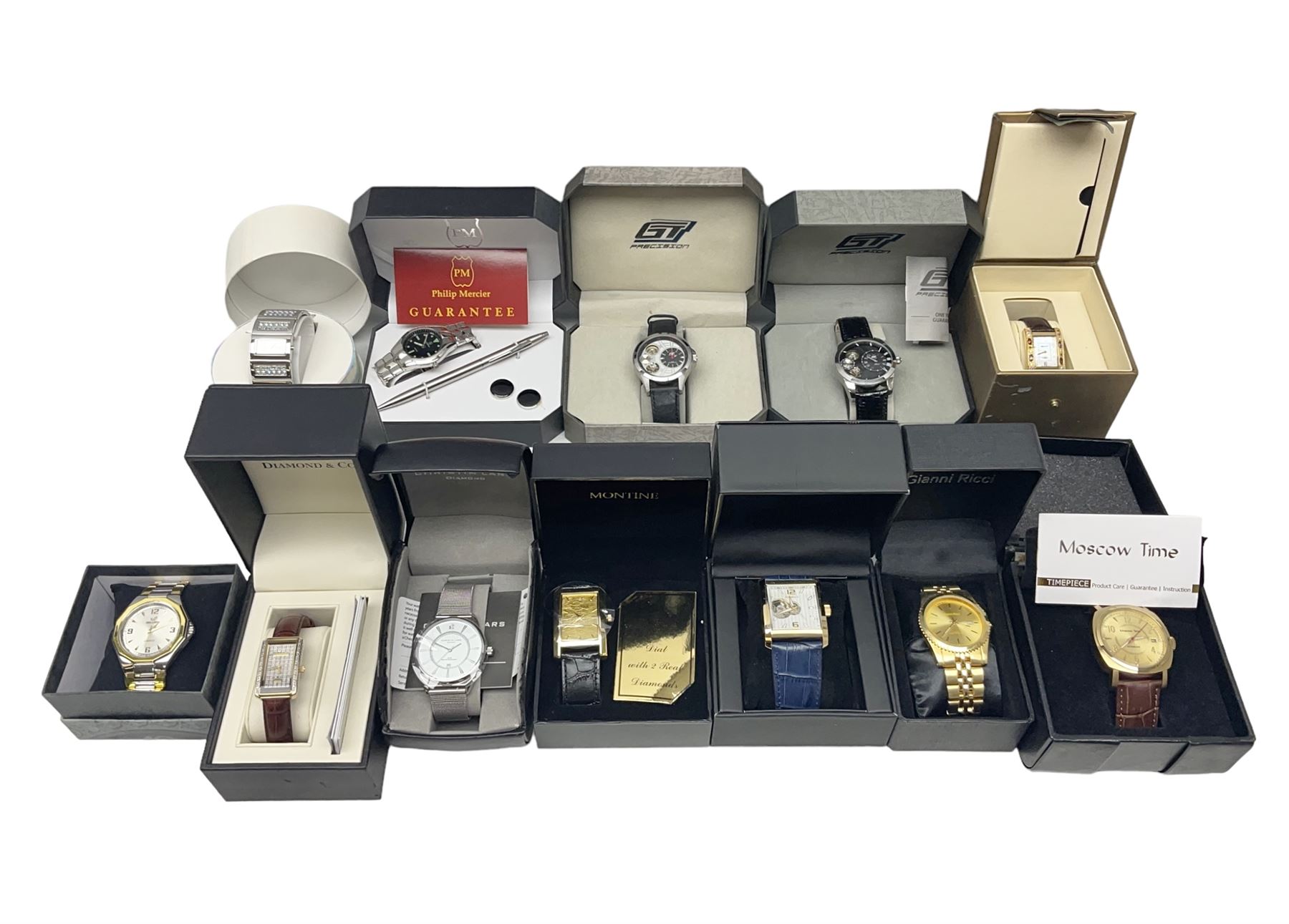 Four automatic wristwatches including two GT Precision, Pendule and Moscow Time and eight quartz wristwatches including Ingersoll Gems, Diamond & Co, Cristin Lars Diamond, Gianni Ricci and Philip Mercier (12) 