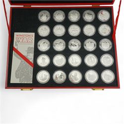 Winston Churchill, 'Winston's War' - Limited edition set of twenty five silver medals struck by Spink & Son, issued to commemorate 50th anniversary of Churchill's wartime premiership, all within capsules and red leather case with certificates etc 56/5000