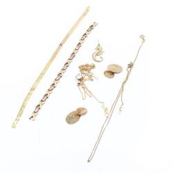 14ct gold bracelet links and a 14ct gold chain, together with 9ct gold jewellery, to include pair of cufflinks, bracelet, seahorse charm, chains and a cubic zirconia pendant 