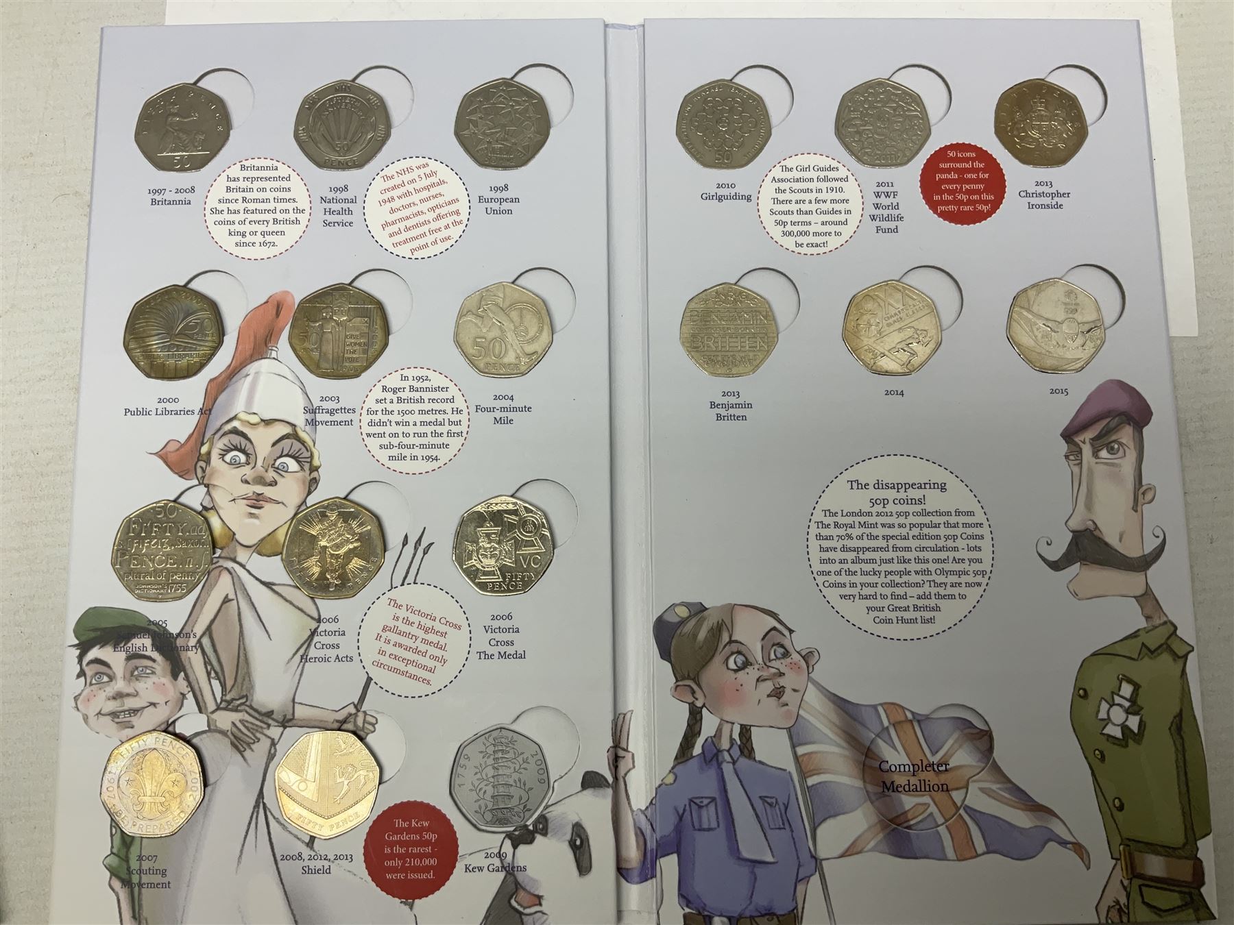 The Royal Mint United Kingdom mostly commemorative two pound, old round one pound and fifty pence coins, overall face value approximately 110 GBP, housed in three 'Coin Hunt' folders and loose