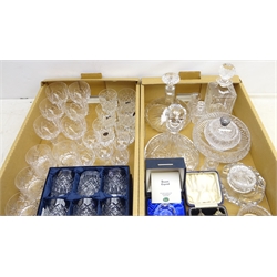  Cased pair silver pepperettes retailed by Harrods, set of twelve Stuart Blenheim pattern 7oz rummers/ tumblers - six boxed, six Stuart goblets, Villeroy & Boch ships decanter, Royal Doulton cut glass bowl and other glassware in two boxes   