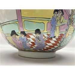 Chinese Qing Dynasty bowl, decorated in polychrome enamels with figures and courting couples, bordered by flower heads upon a gilt ground, with red cross mark beneath, D30.5cm