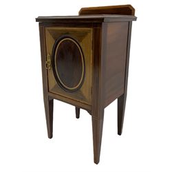 Edwardian inlaid mahogany bedside cabinet, enclosed by oval panelled door, satinwood banding, on square tapering supports