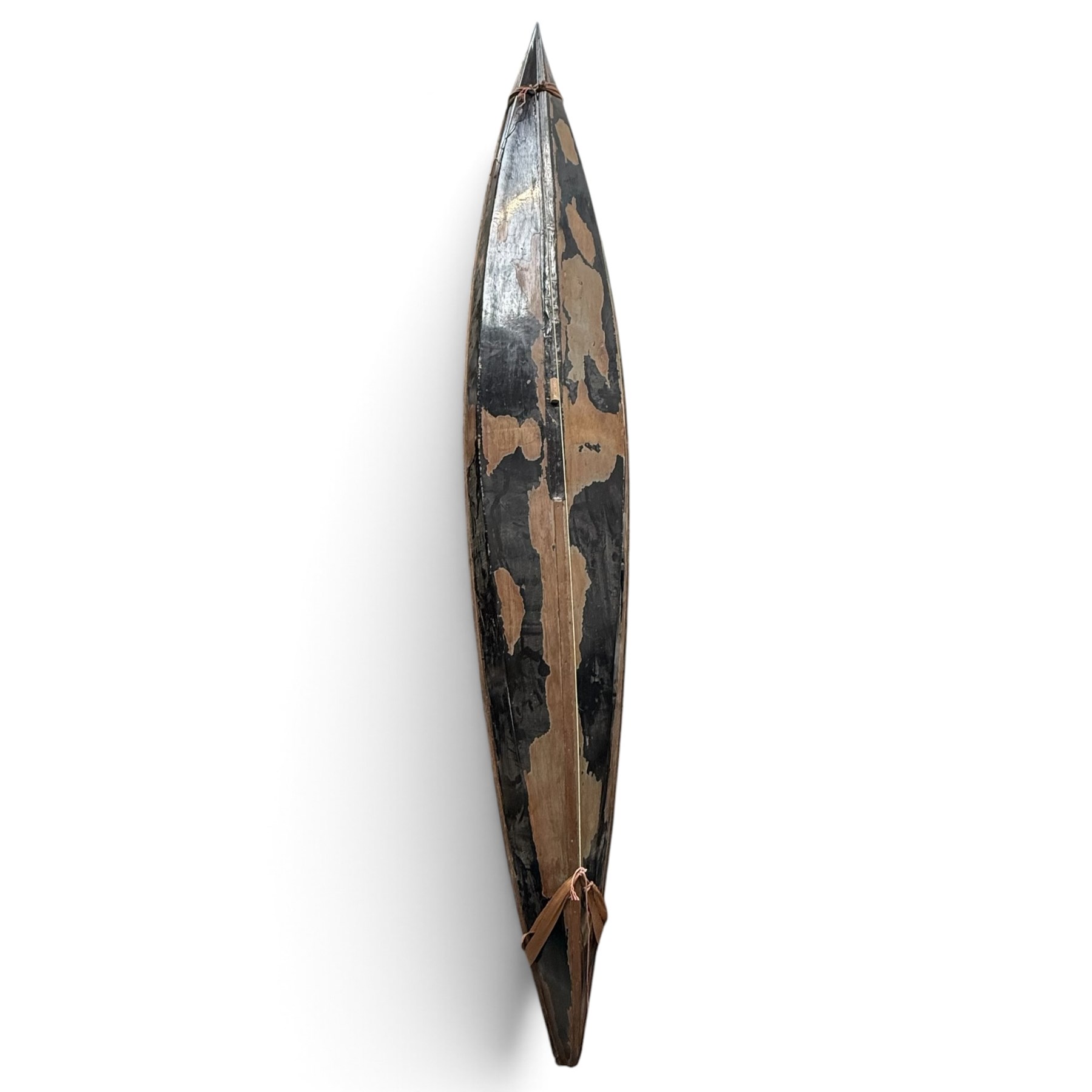 Mid-20th century varnished marine plywood two-person touring kayak, the decked hull with pointed bow and stern, two circular Holt-Allen access hatches and central open cockpit fitted with seats