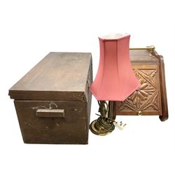 Walnut fall front coal box, brass carrying handles, together with a brass figural table lamp modeled as man with a walking stick and lampshade and another wooden box