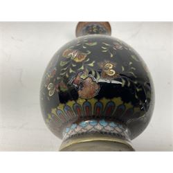 Pair of 19th/ early 20th century Cloisonne vases with  bulbous bodies, decorated with Cockerels in flight on a black floral ground, H12cm together with a Canton enamel bowl decorated with scrolling foliage on pink ground (3)