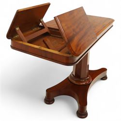 William IV mahogany reading table, the rectangular top with rounded corners and moulded edge, one end fitted with two hinged adjustable reading slops with two rests, the sliding top with a sprung stay mechanism, supported on a single tapered faceted column  with turned collar on a quatreform base with compressed bun feet