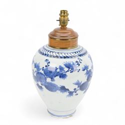 20th century Chinese blue and white vase converted to a table lamp, decorated with birds amongst flowering branches, H40cm 
