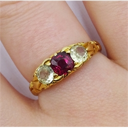 Victorian 18ct gold three stone cushion cut ruby and round chrysoberyl ring, hallmarked
