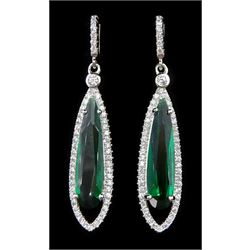 Pair of silver green paste stone and cubic zirconia pendant earrings, stamped 925

