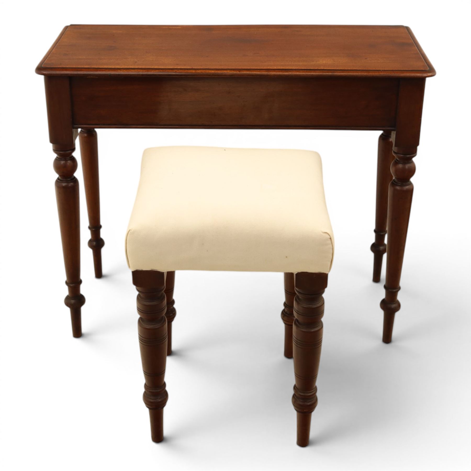 Mahogany living room furniture; mahogany console table and square upholstered mahogany stool, with hidden frieze drawer, raised on turned supports (Stool H 57cm, W 40cm)