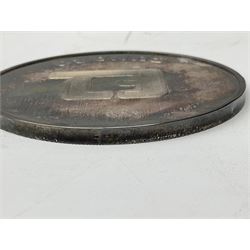 Silver 1969 Cunard RMS Queen Elizabeth maiden voyage commemorative medallion, in original Slade, Hampton & Son case with certificate, two Stratton R.M.S Queen Elizabeth mirror compacts, Stratton R.M.S Queen Mary compact, mid 20th century P&O Canberra Round World Voyage miniature globe, S.S Oriana ash tray modelled as a barrel, Norah Wellings sailor doll, and other maritime and shipping memorabilia 