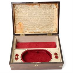 19th century German rosewood box with silver plated mounts, W28cm D20cm; 19th century mahogany two section tea caddy, of sarcophagus form, W23cm D12.5cm (2)