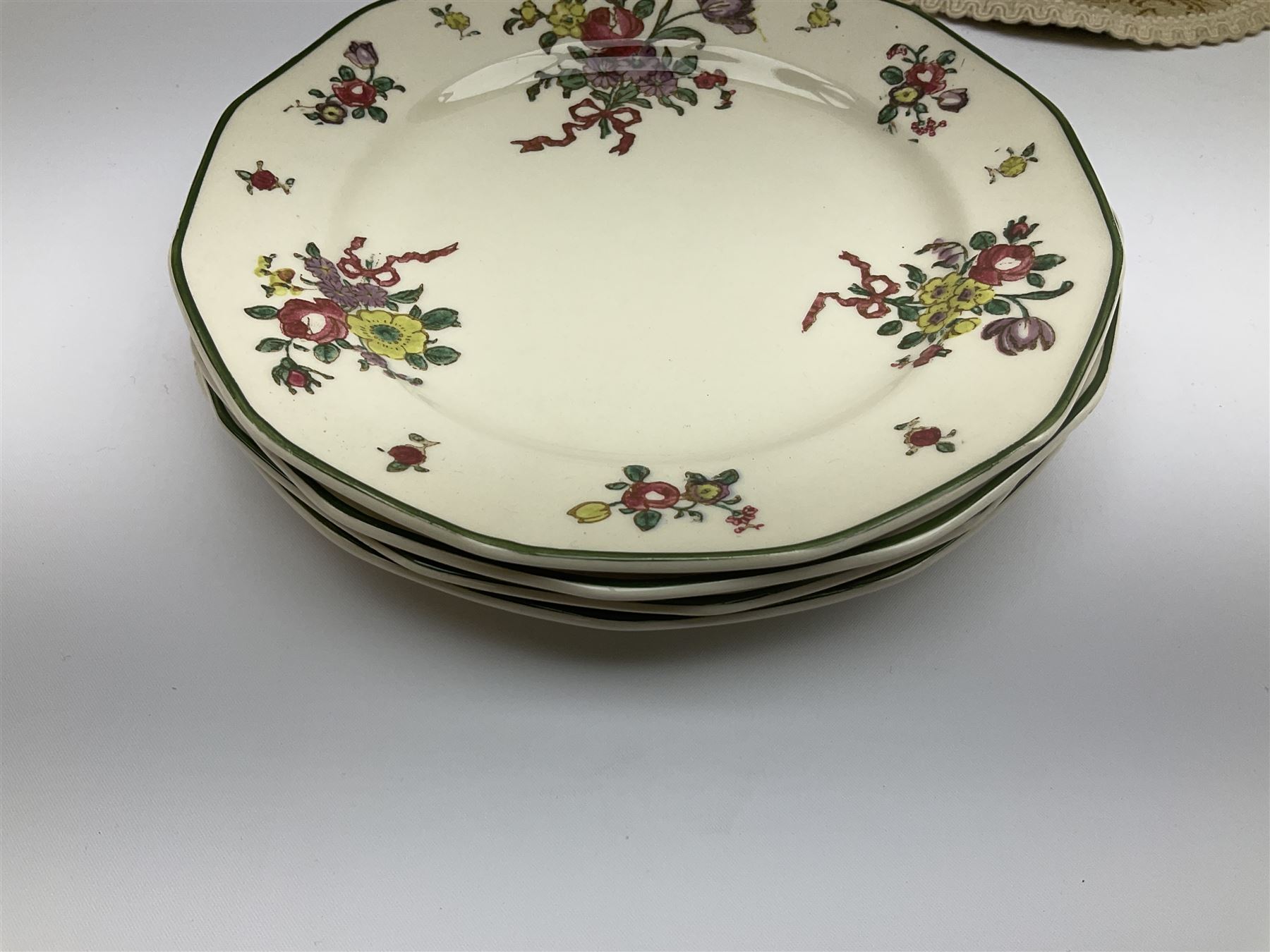 Royal Doulton part dinner service in Old Leeds Sprays pattern,  to include cheese dome, teapot and stand, egg cups etc, together with a selection of floral doilies.  
