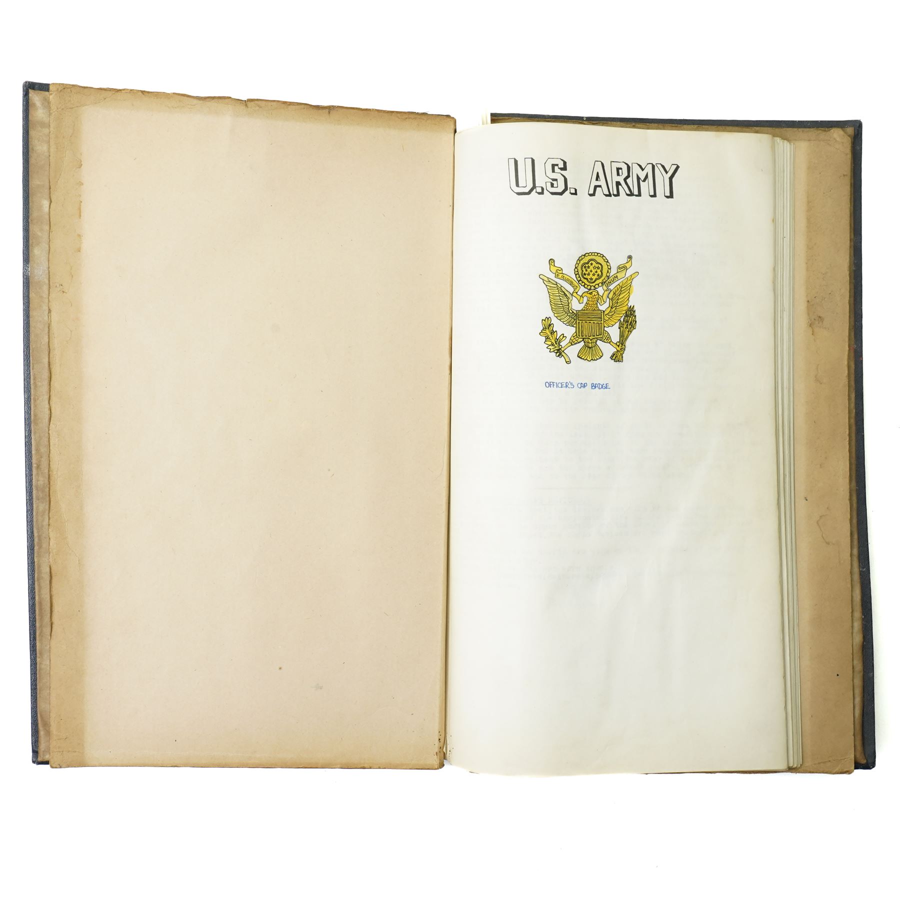 Folder containing a comprehensive collection of watercolours of WWII military emblems including U.S.Army Insignia, British Chevrons, Division Insignia, U.S. Army Divisions, Medals, Weapons etc with typed information, approximately sixty five pages with many illustrations  probably late 1940s/ early 1950s 