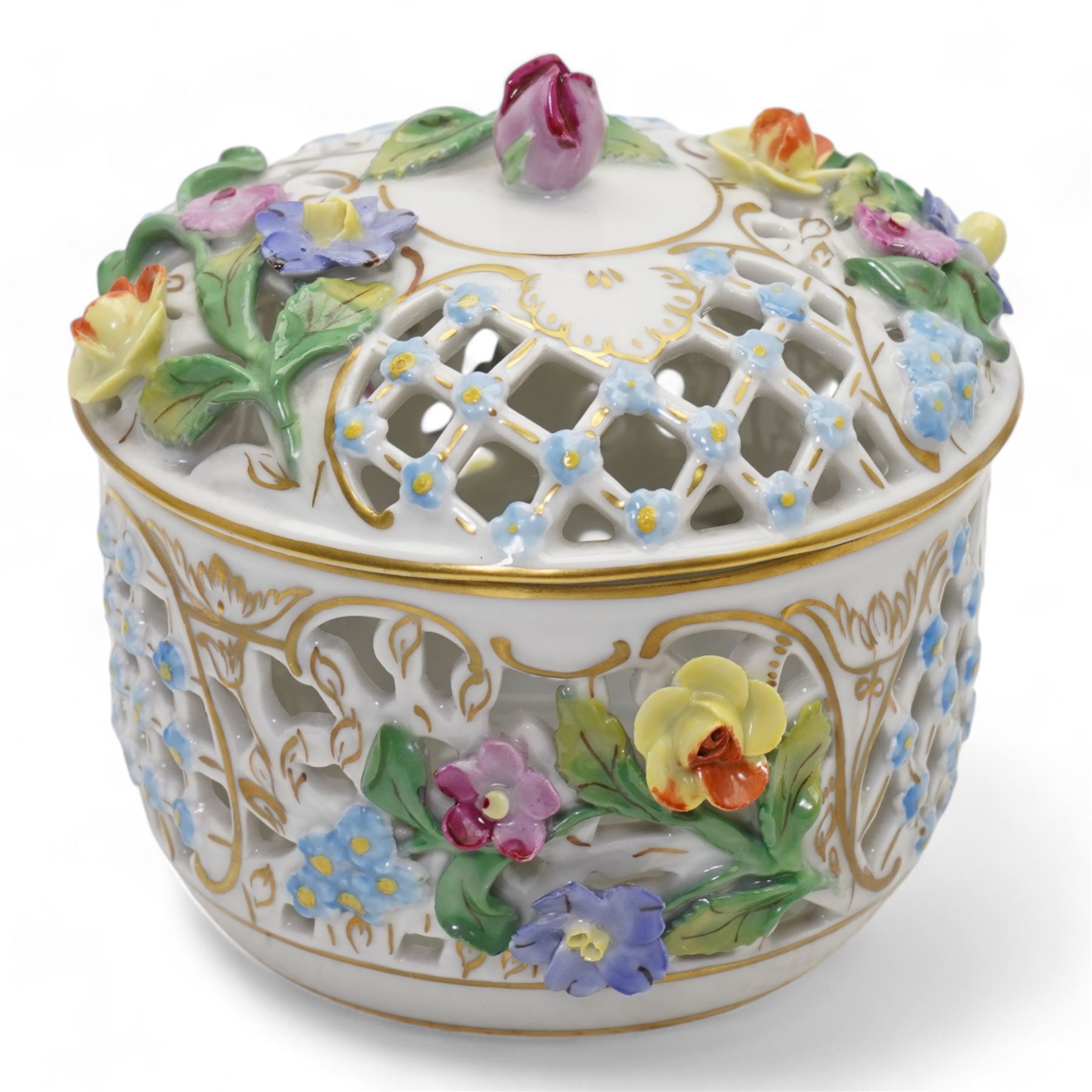 Early 20th century French porcelain tray, hand painted with dancing cherubs, within a pink and gilt border, inscribed 476 beneath, L25.5cm, pair of continental cherub figures, with blue anchor marks beneath, together with a Dresden porcelain pot pourri and cover, with pierced and floral decoration (4)