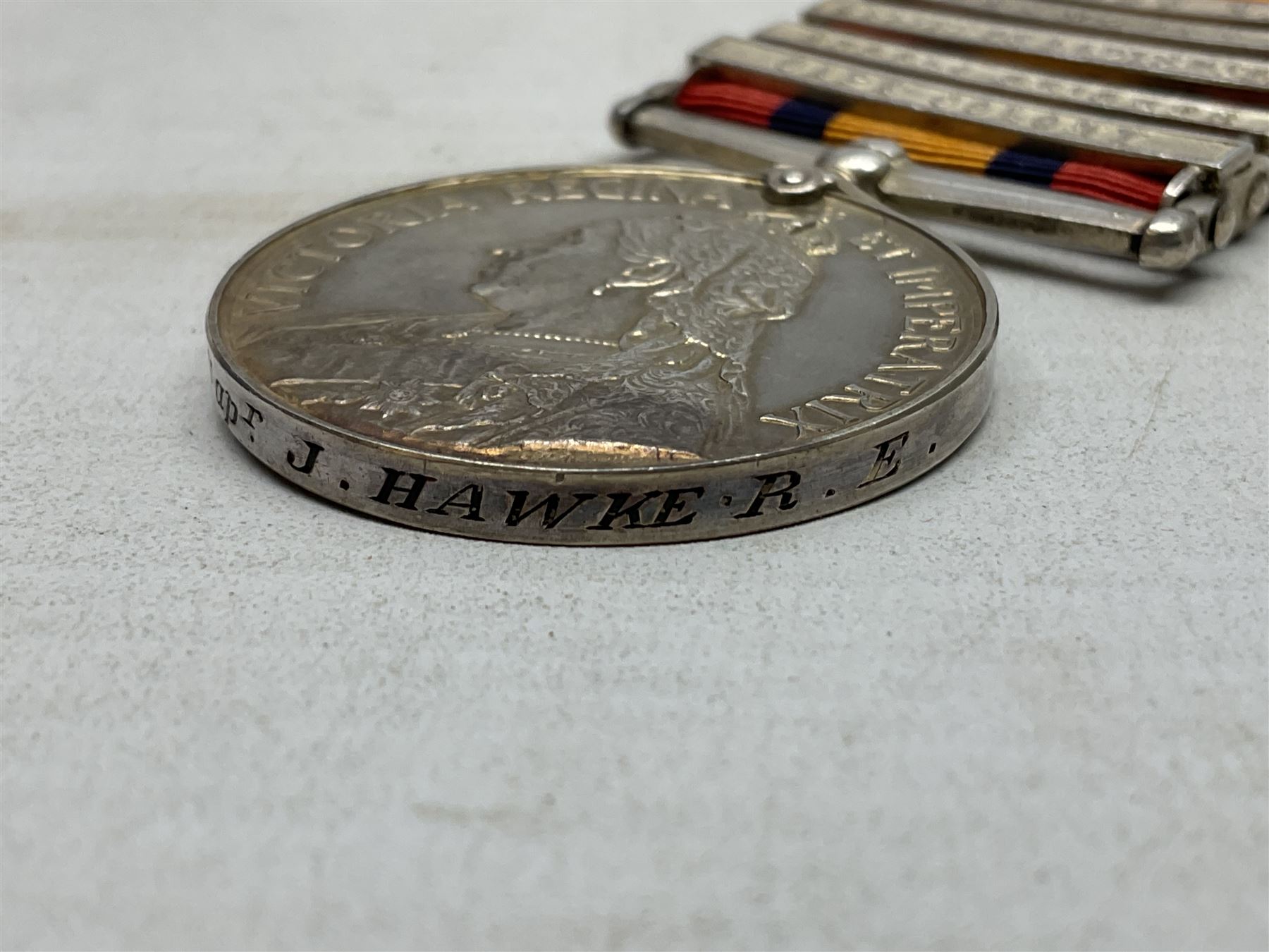 Queens South Africa Medal with five clasps for Laing's Nek, Transvaal, Relief of Ladysmith, Tugela Heights and Cape Colony awarded to 25767 Sapr. J. Hawke R.E. with ribbon