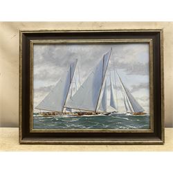 George Drury (British 1950-): 'The Big Class on the Solent - 1926', oil on board signed, titled verso 28cm x 38cm 