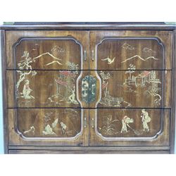 Late 20th century hardwood chest, five drawers with oriental style gilt decoration 