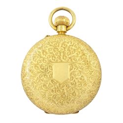 Victorian 18ct pocket open face keyless lever fob watch by Andrew King, Hull, No. 193921, white enamel dial with Roman hour markers, engraved foliate case with cartouche by Rotherham & Sons, Birmingham 1898