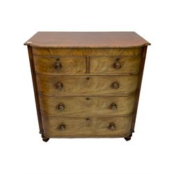 19th century mahogany D shaped chest, fitted with two short and three long drawers
