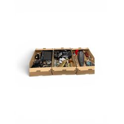 Pyrene brass vintage fire extinguisher, together with cameras, wooden whale and other coll...