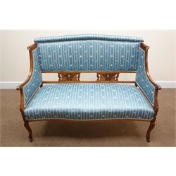 Edwardian inlaid mahogany framed two seat sofa, upholstered in a blue striped fabric, scrolled arms, cabriole legs, W130cm  