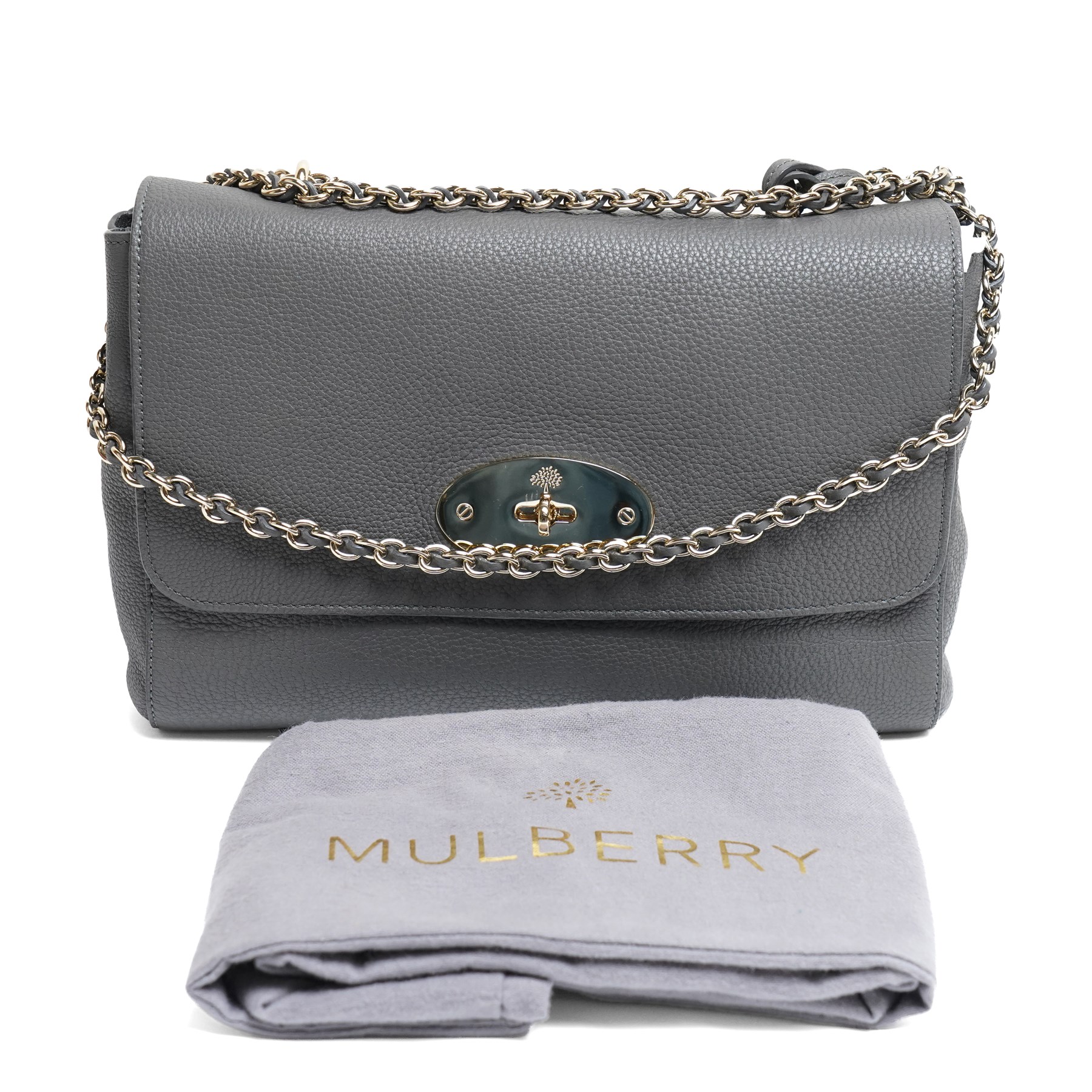 Mulberry - Medium Lily shoulder bag in Mole Grey Grainy Calf leather, the softly structured body with flap top, gold-tone Postman’s Lock fastening, hanging leather clochette and leather-woven chain shoulder strap, with original Mulberry product tag and dust bag
