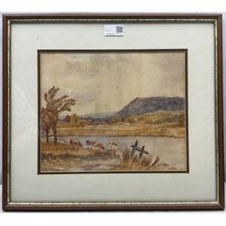 Frederick Thomas Callcott (British 1853-1923): Gentleman in a Doorway, oil on canvas indistinctly signed 22cm x 30cm; Cattle Watering, 19th century watercolour unsigned 24cm x 29cm (2) 