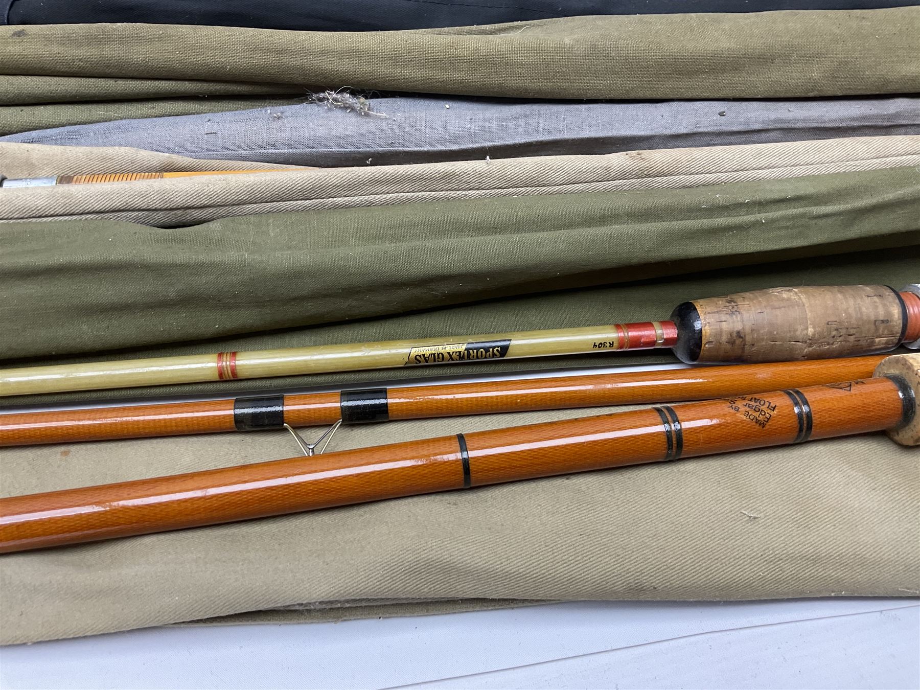 Collection of fly fishing rods, including split cane and fibreglass examples, by March Brown, Brent and Sportex, etc 