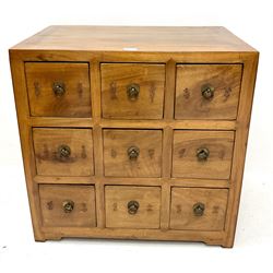 Eastern hardwood haberdashery style chest, nine drawers, style supports