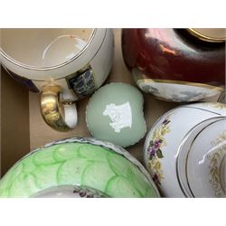 Wedgwood green jasperware trinket box, together with boxed Aynsley 'the Ashes England's  Glorious Victory 2005' plate, commemorative wares, ginger jars and other ceramics, in two boxes 