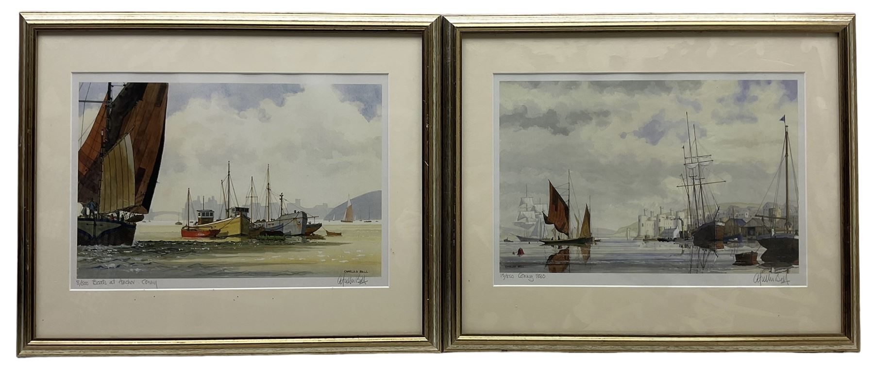 Charles Bell (Welsh Contemporary): 'Boats at Anchor Conwy', pair limited edition prints signed in pencil 28cm x 41cm (2)