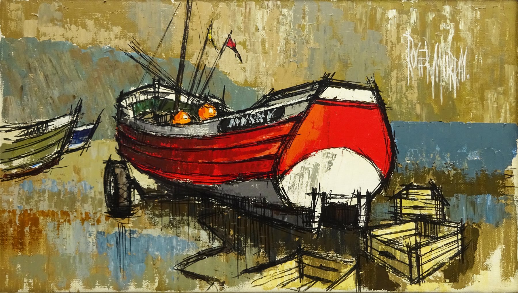 Roger Murray (British Contemporary): 'Red Cobble', oil on canvas signed, titled signed and dated May '68 verso,  60cm x 106cm
Notes: Born in Manchester Murray has had a very varied life and career, in addition to being an accomplished artist having attended St Martin's School of Art, he was involved in the making of many well known TV commercials probably best known for his series of posters for London Underground during the 1980s, finally becoming CEO and Chairman of the McCann Erickson global advertising agency. During these years Roger was a Governor of the Ocean Youth Club, which was to become the largest sail training organisation in the world. In the 1960s he owned a studio in Robin Hood's Bay near Whitby where he completed many oils, watercolours and ink drawings  

