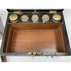 Victorian rosewood travelling dressing table set, to include five glass bottles with glass stoppers, two pairs of glass bottles with silver plated covers, a glass box with pierced silver plated cover, all to a fitted green interior with lift-out tray and letter flap, together with a hinged wooden box with mother of pearl inlay, dressing table box H17.5cm