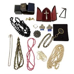 Collection of Victorian and later jewellery including large silver Crucifix pendant, in church window box, two enamel sweetheart brooches and other costume jewellery
