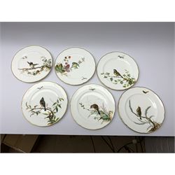 19th century Minton dessert service, comprising four comports, one tazza, and twelve plates, each hand painted with birds perched upon branches, and further detailed with insects and heightened in gilt, with printed retailers mark beneath for John Mortlock Oxford Street London, and impressed Minton mark to most, comport H13.5cm, plates D23.5cm. 
